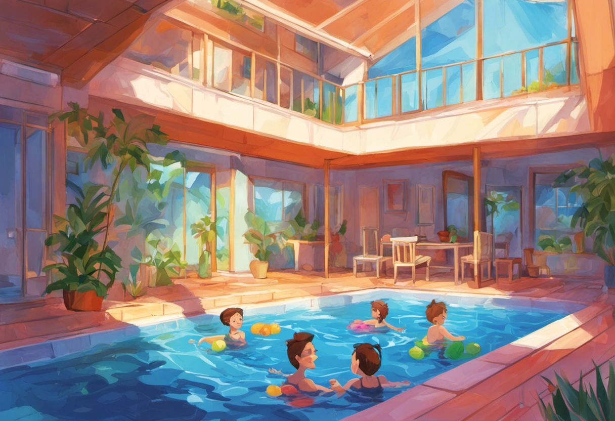 Peinture numérique colorée d'une famille joyeuse nageant